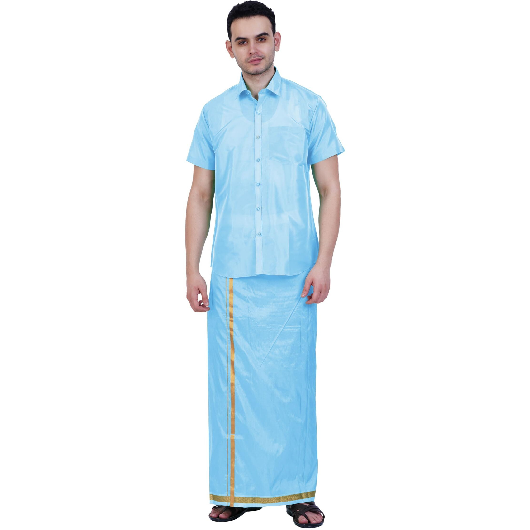 Prakasam Cotton-Mens Art Silk Wedding Set/Art Silk 8 Mulam (8-Yard) Dhoti And Stitched Full Sleeve Shirt