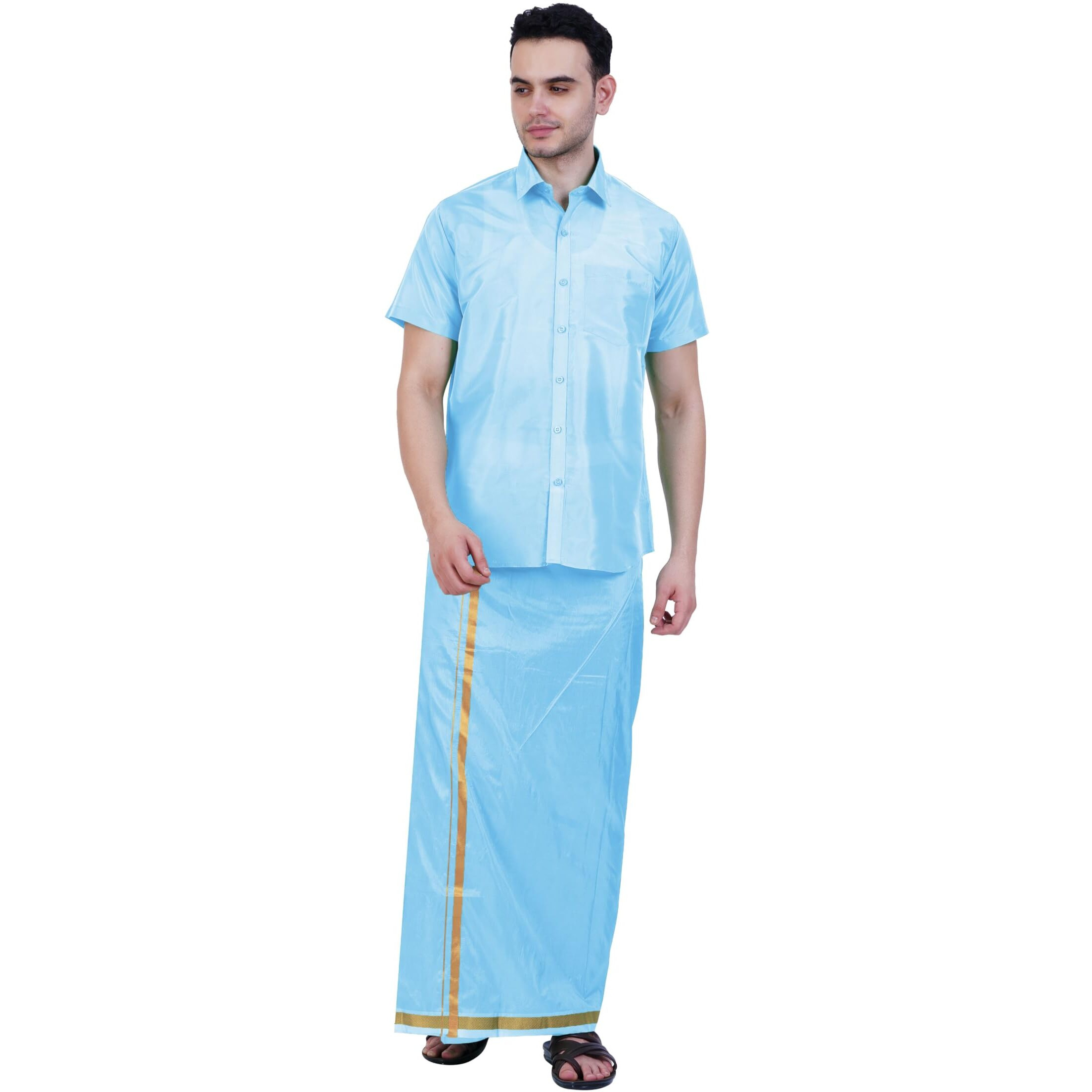 Prakasam Cotton-Mens Art Silk Wedding Set/Art Silk 8 Mulam (8-Yard) Dhoti And Stitched Full Sleeve Shirt