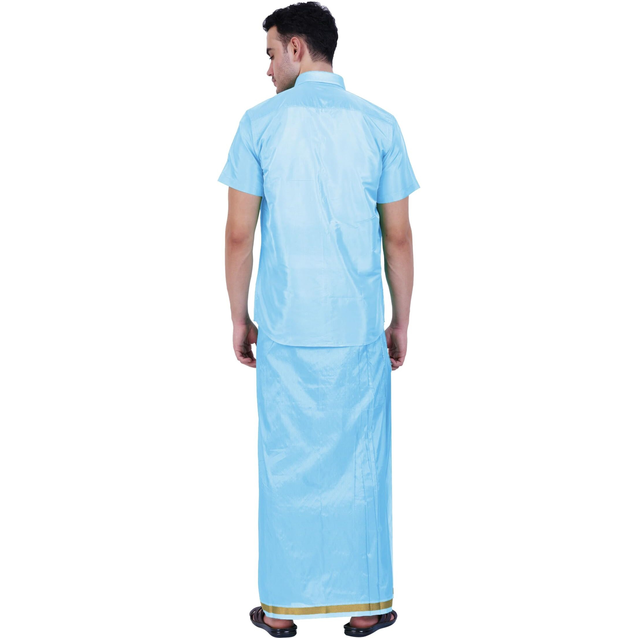 Prakasam Cotton-Mens Art Silk Wedding Set/Art Silk 8 Mulam (8-Yard) Dhoti And Stitched Full Sleeve Shirt