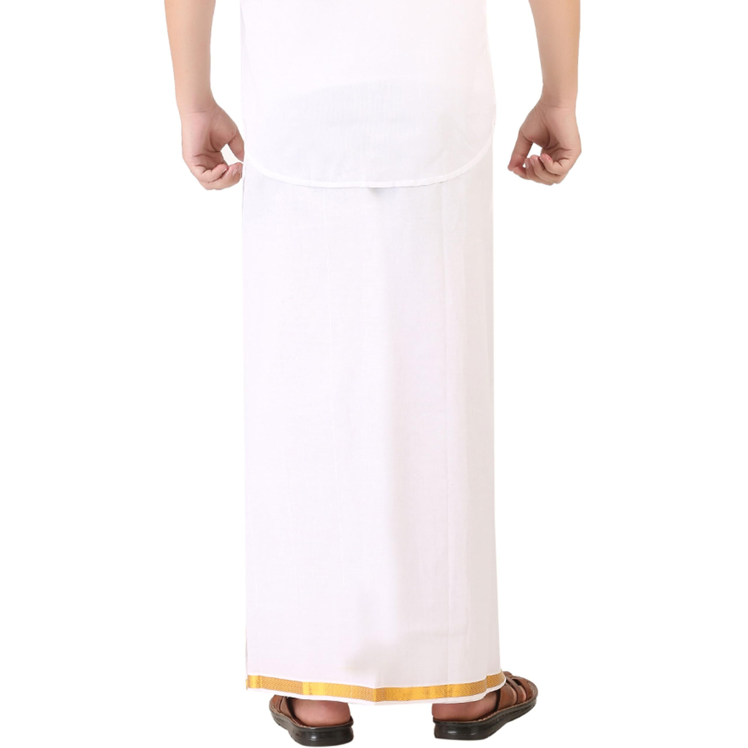 Prakasam Cotton Men's Fine Quality Welcro Pocket Jari Cotton Double Dhoti (42)