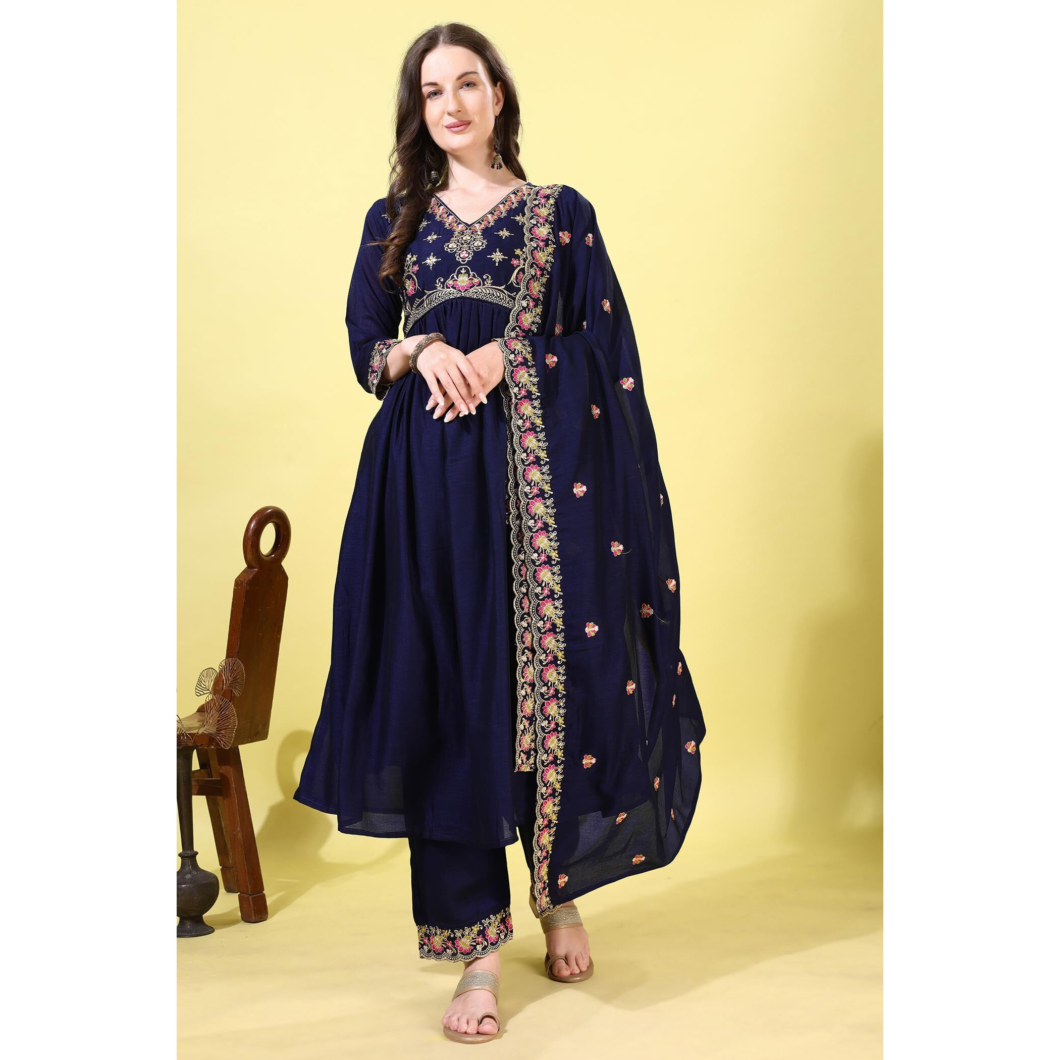 Pratham Blue Women's Silk Embroidered Regular Kurta Sets (Bkp-1008-Xl_Blue