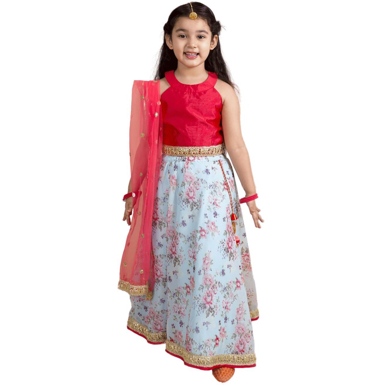 Pspeaches Girls Polyester Red Blue Floral Readymade Lehenga Choli Set (Red-4-5Y), 4-5 Years
