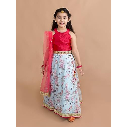 Pspeaches Girls Polyester Red Blue Floral Readymade Lehenga Choli Set (Red-4-5Y), 4-5 Years