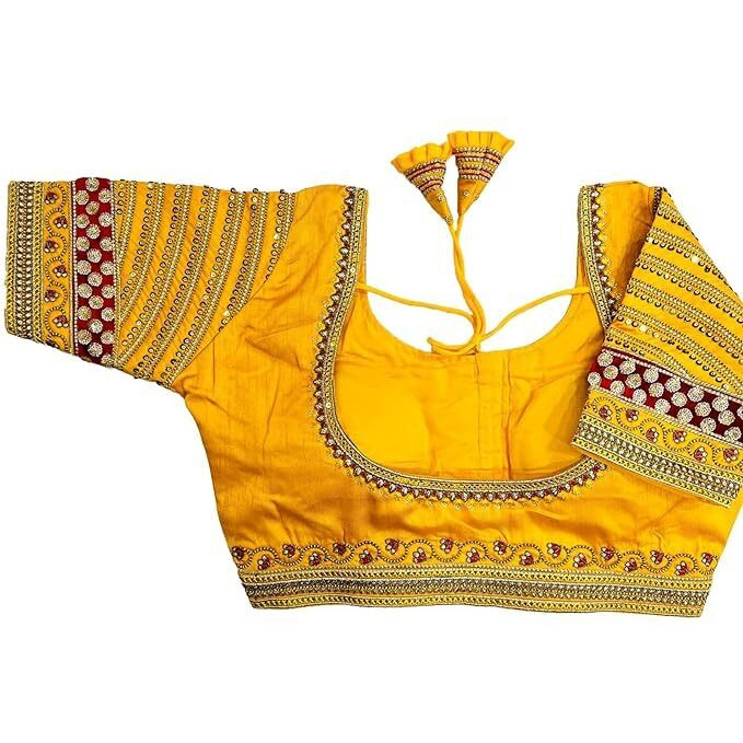 Pujia Mills Women's Multi & Sequence Embroidery Maggam Work Readymade Blouse(Ponds Parent) (Yellow)