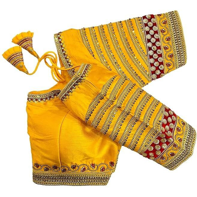 Pujia Mills Women's Multi & Sequence Embroidery Maggam Work Readymade Blouse(Ponds Parent) (Yellow)