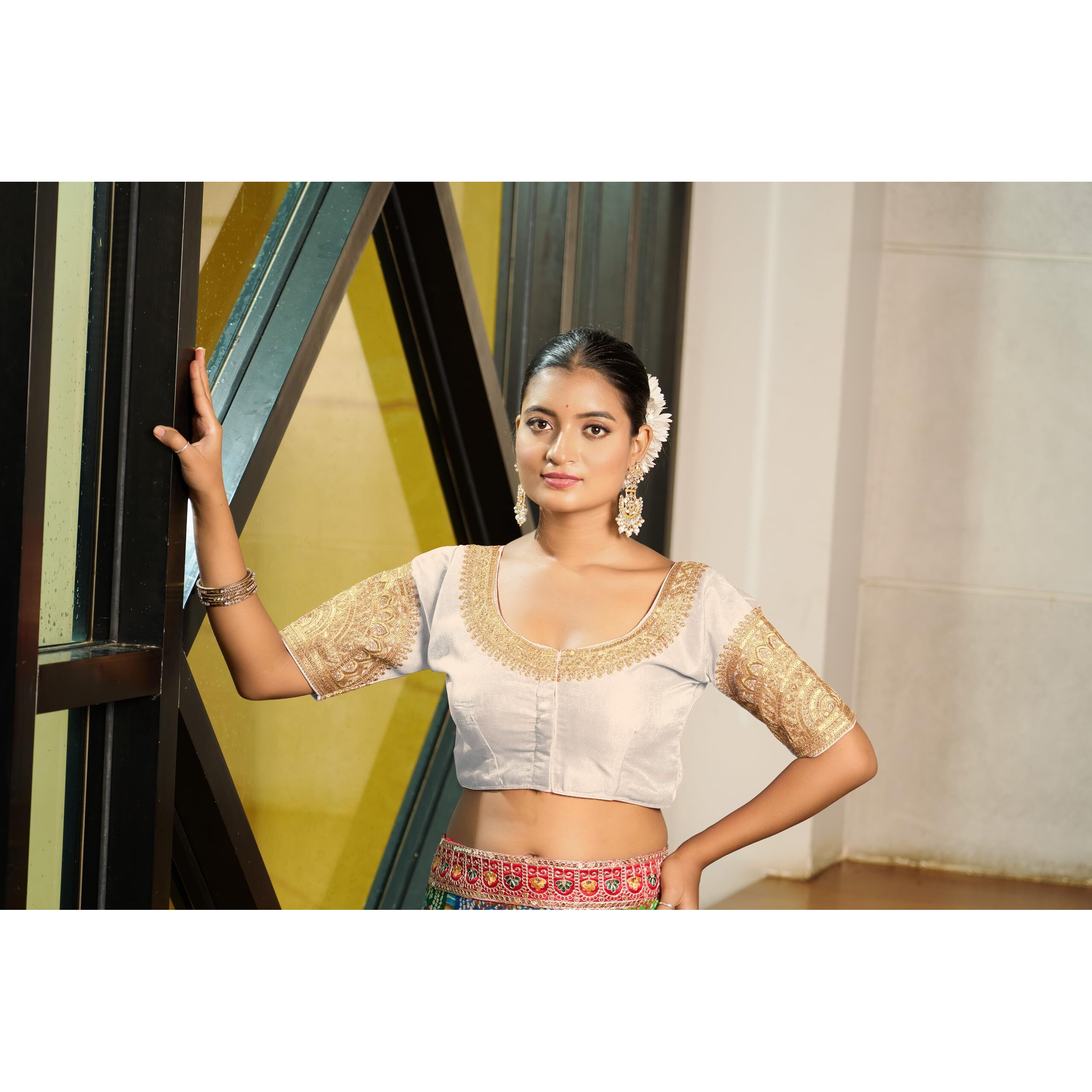 Pujia Mills Women's Readymade Blouse Embroidery Multi Coding Dull Golden Sequence Work Indian Ethnic Designer Stitched Readymade Saree Half Sleeve White Blouse For Women For Saree Lehenga Choli