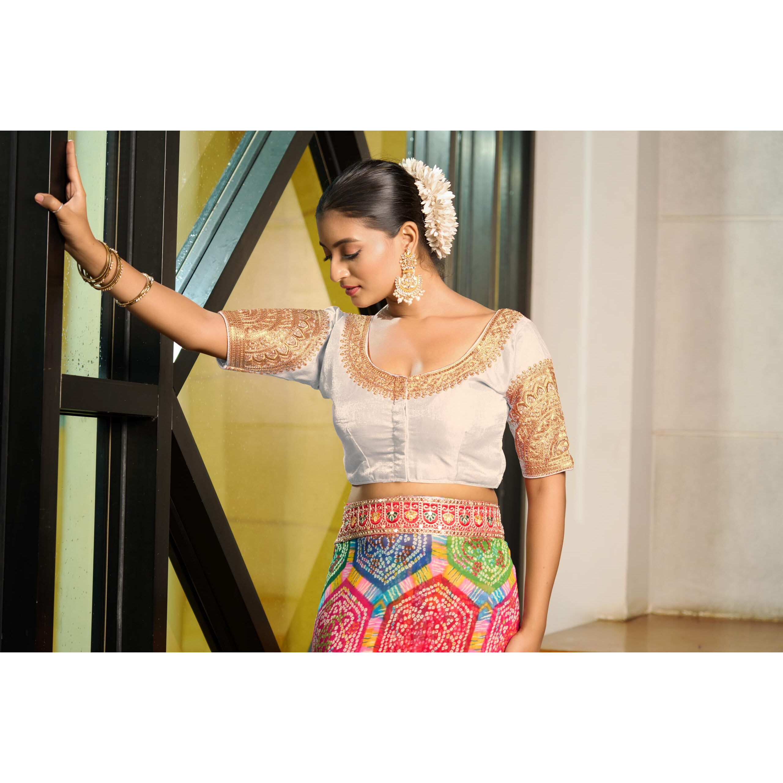 Pujia Mills Women's Readymade Blouse Embroidery Multi Coding Dull Golden Sequence Work Indian Ethnic Designer Stitched Readymade Saree Half Sleeve White Blouse For Women For Saree Lehenga Choli