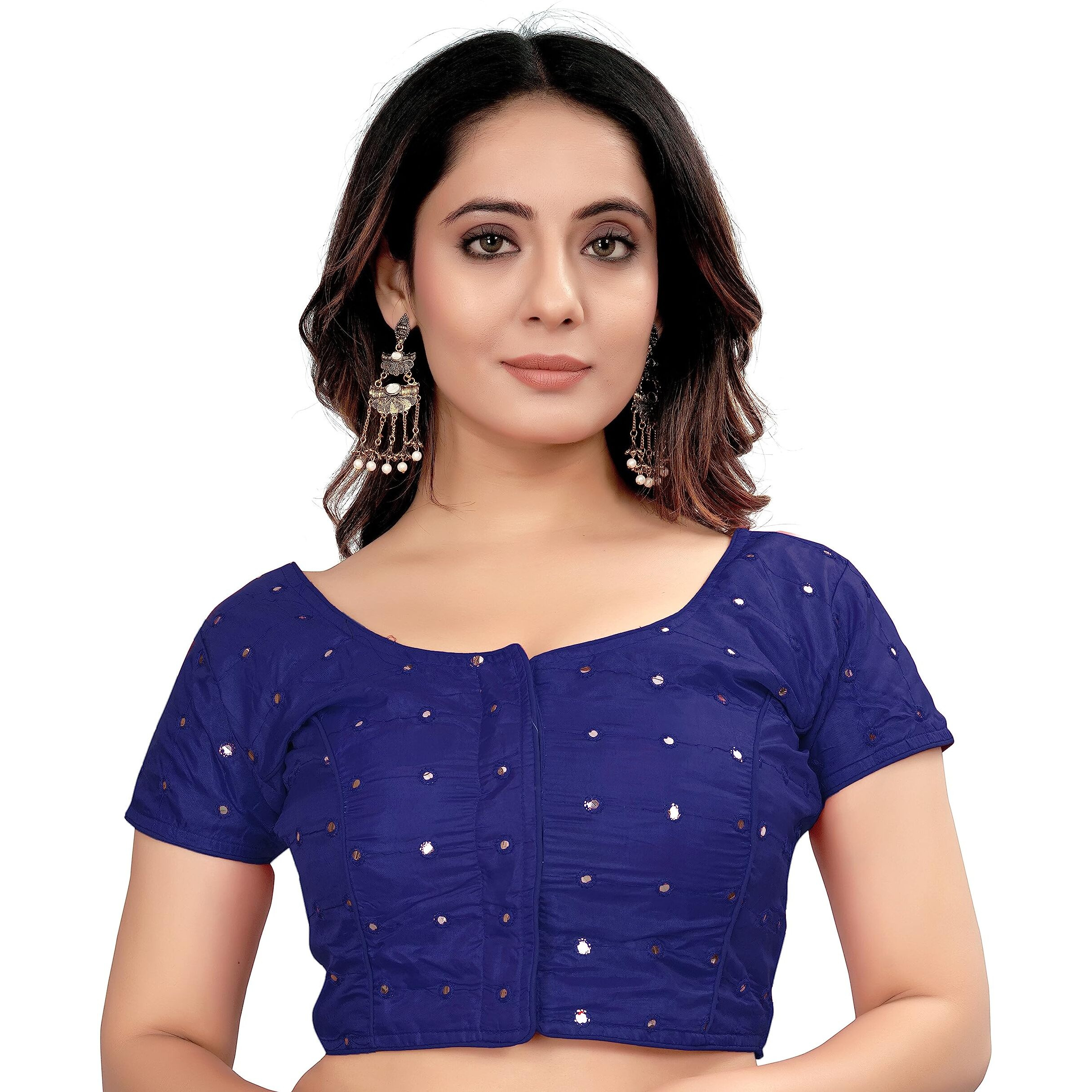 Pujia Mills Women's Silk Foil Mirror Short Sleeve Readymade Fancy Blouse(Foil Mirror Navy Blue_38)