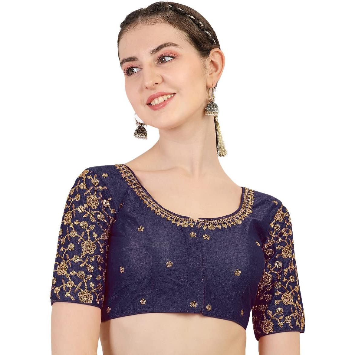 Pujia Mills Women's Phantom Silk Flowerhalf Sleeve Saree Blouse (Flowerr Blouse_Navy_38 Size+Margin)