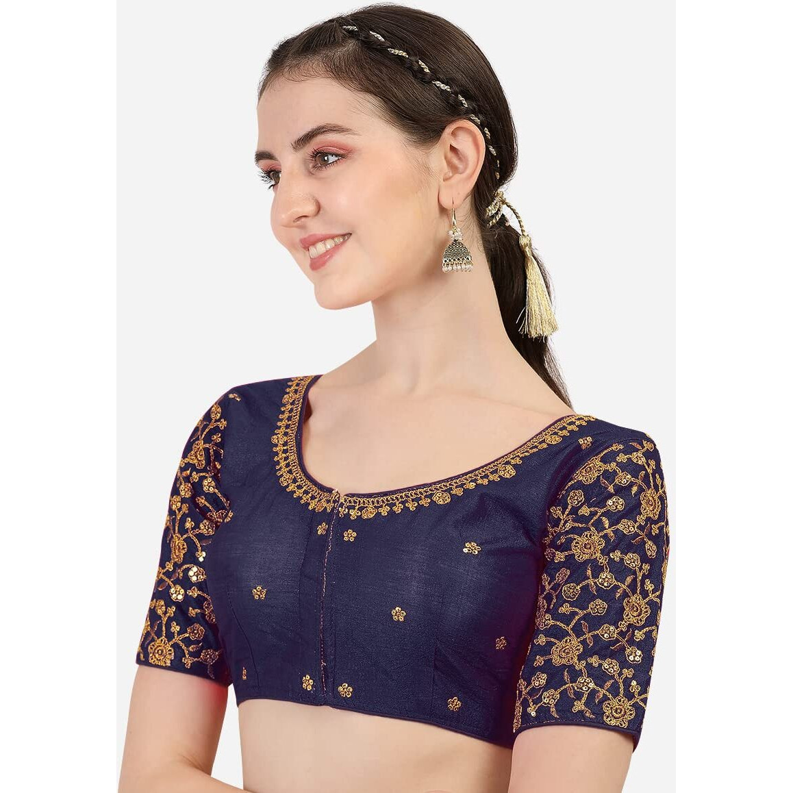 Pujia Mills Women's Phantom Silk Flowerhalf Sleeve Saree Blouse (Flowerr Blouse_Navy_38 Size+Margin)