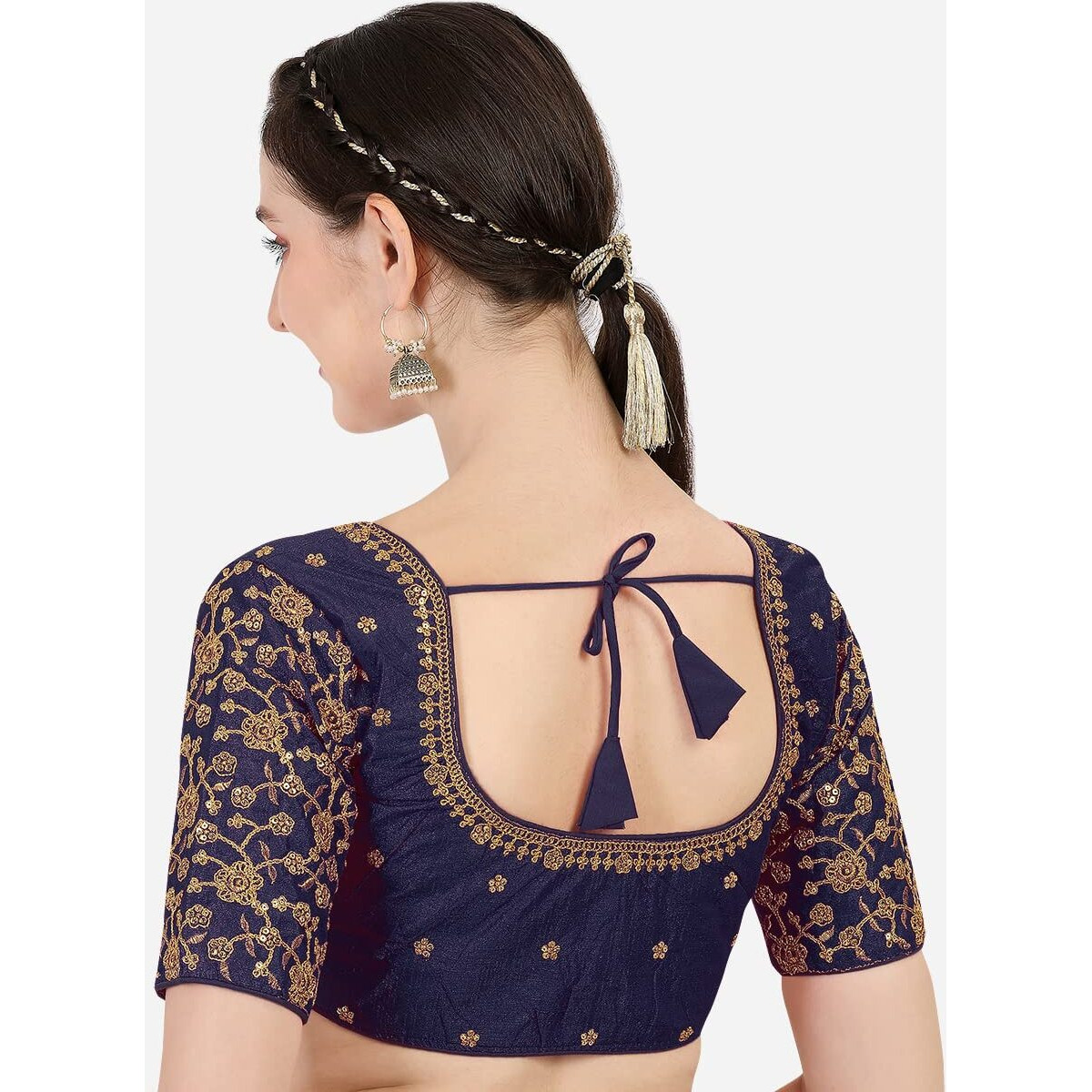 Pujia Mills Women's Phantom Silk Flowerhalf Sleeve Saree Blouse (Flowerr Blouse_Navy_38 Size+Margin)