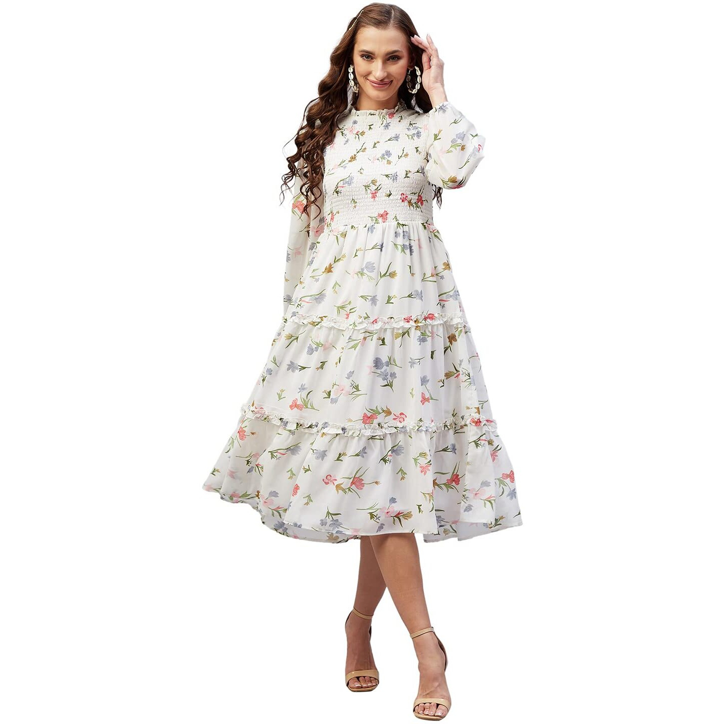 Rare Women Casual Off White Colour Midi Fit And Flare Floral Dress, Xl
