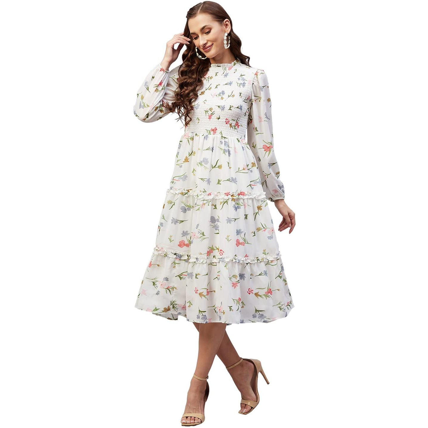 Rare Women Casual Off White Colour Midi Fit And Flare Floral Dress, Xl
