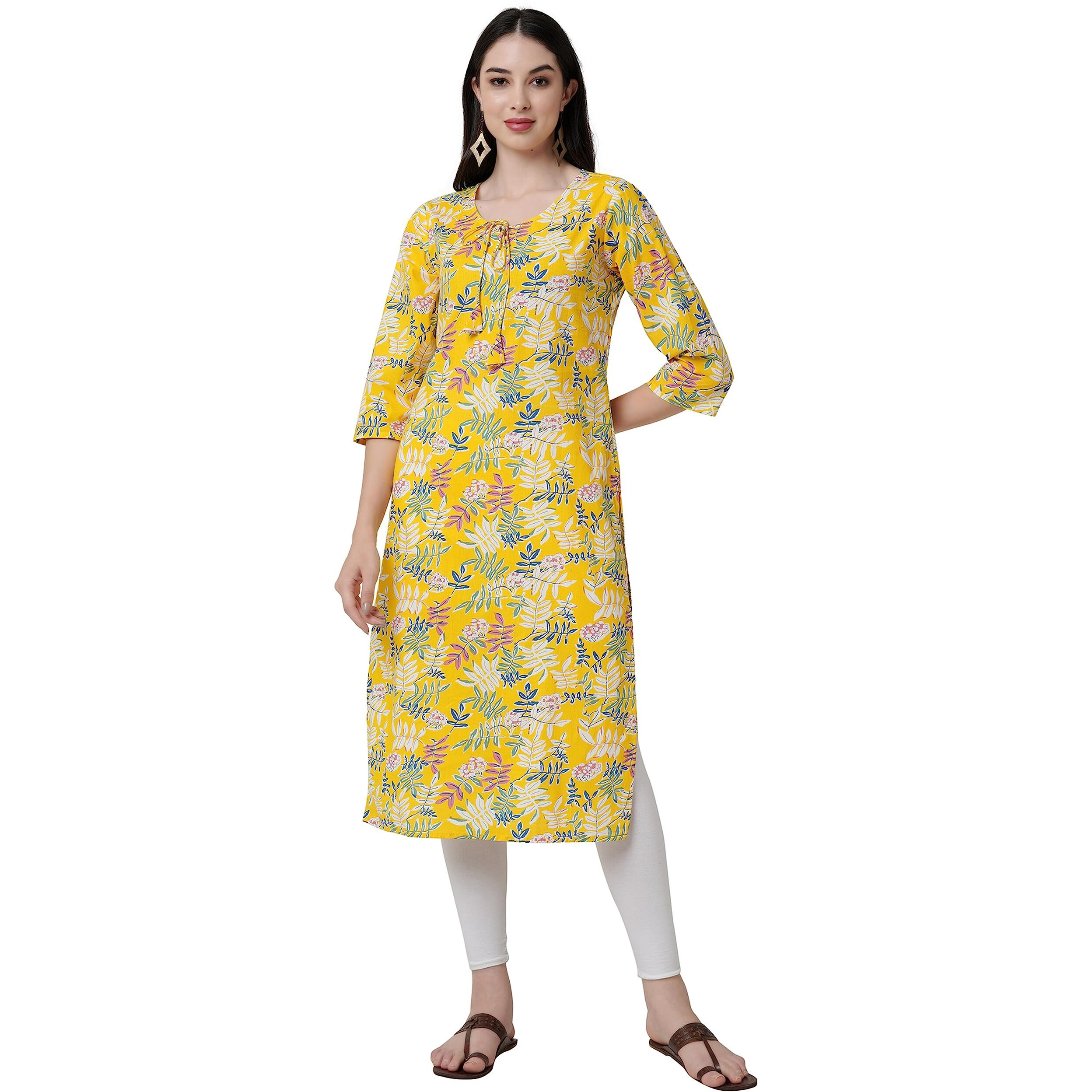 Rytras Women's Cotton Floral Printed Straight Kurta(Yellow,S)