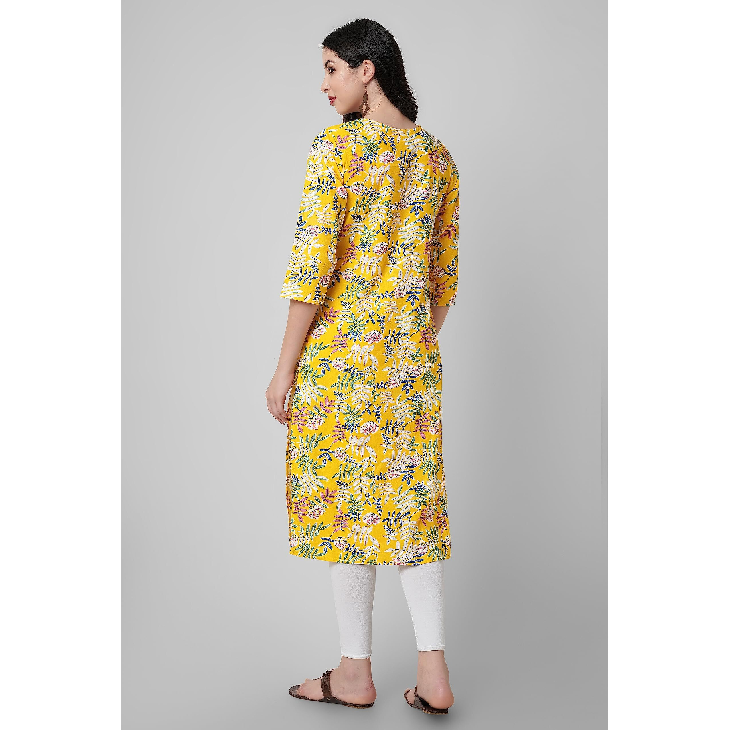 Rytras Women's Cotton Floral Printed Straight Kurta(Yellow,S)
