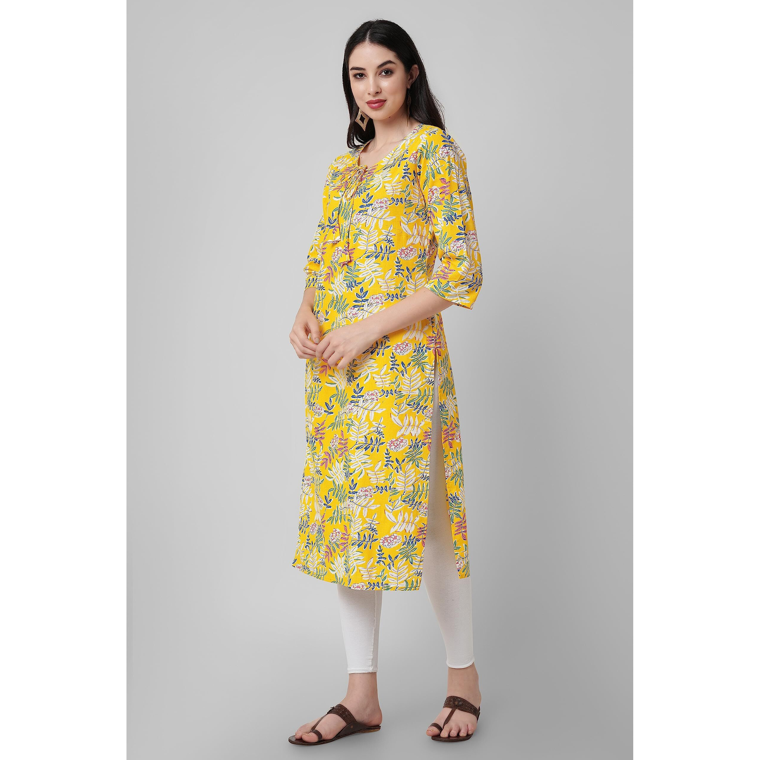 Rytras Women's Cotton Floral Printed Straight Kurta(Yellow,S)