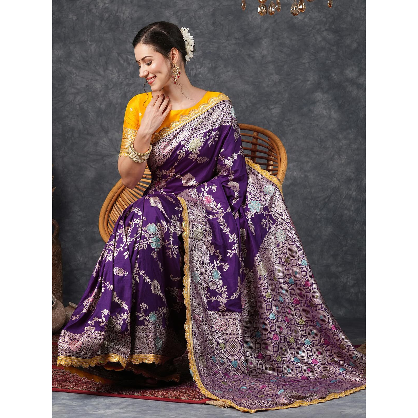 Satrani Women's Silk Blend Banarasi Jacquard Saree With Unstitched Blouse Piece (3800S305N_Deep Purple)