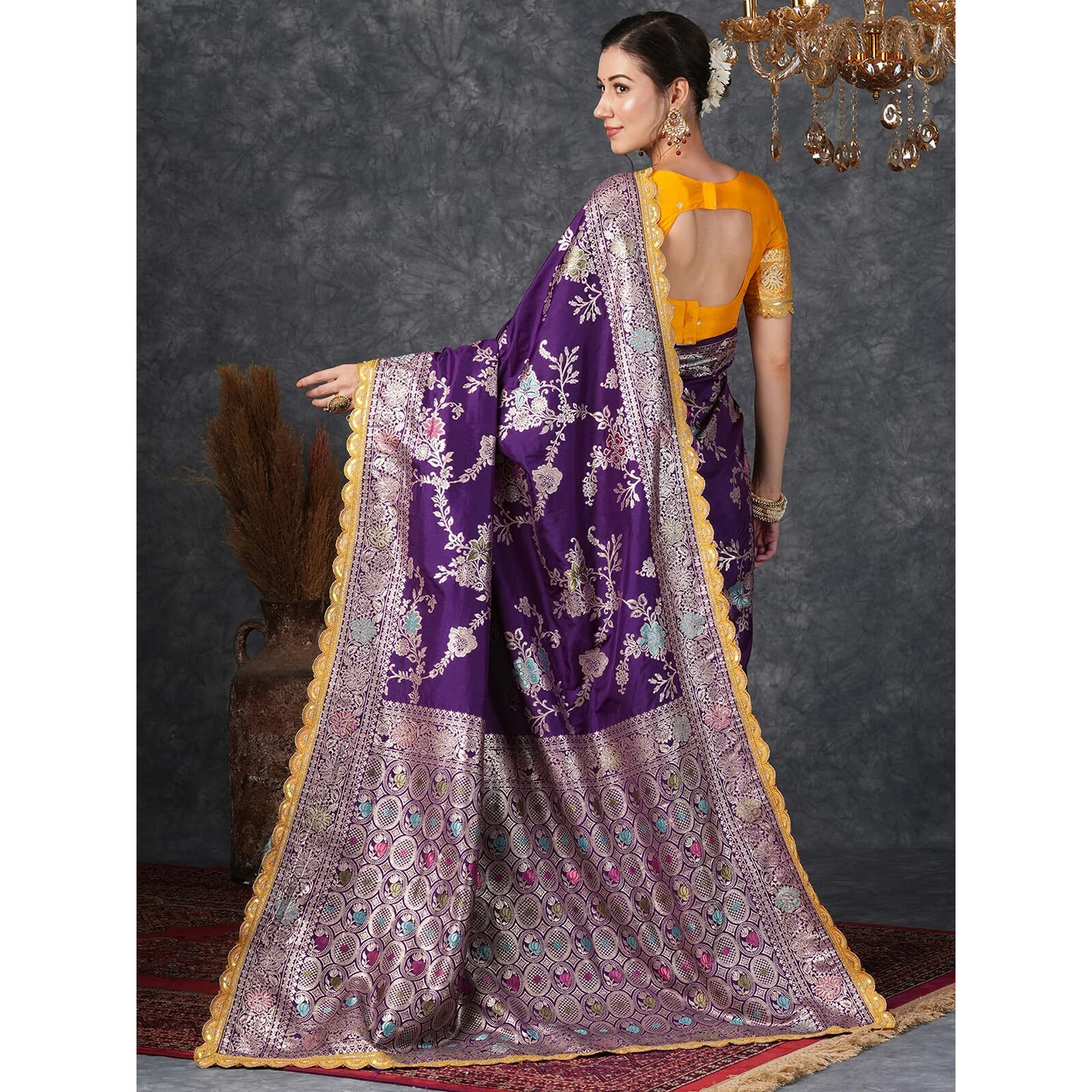 Satrani Women's Silk Blend Banarasi Jacquard Saree With Unstitched Blouse Piece (3800S305N_Deep Purple)
