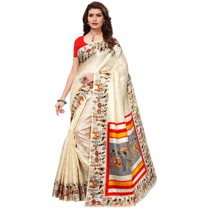 Satrani Women's Art Silk Printed (Varli) Saree With Unstitched Blouse Piece (811S108Nc_Off White)