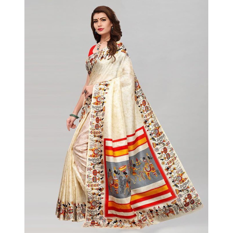 Satrani Women's Art Silk Printed (Varli) Saree With Unstitched Blouse Piece (811S108Nc_Off White)