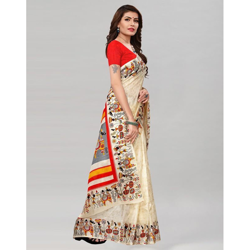 Satrani Women's Art Silk Printed (Varli) Saree With Unstitched Blouse Piece (811S108Nc_Off White)