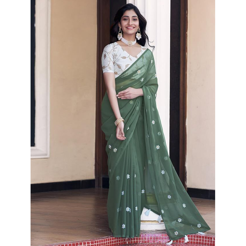 Satrani Women's Georgette Embroidery Saree With Unstitched Blouse Piece (3607S127N_Dusty Green)