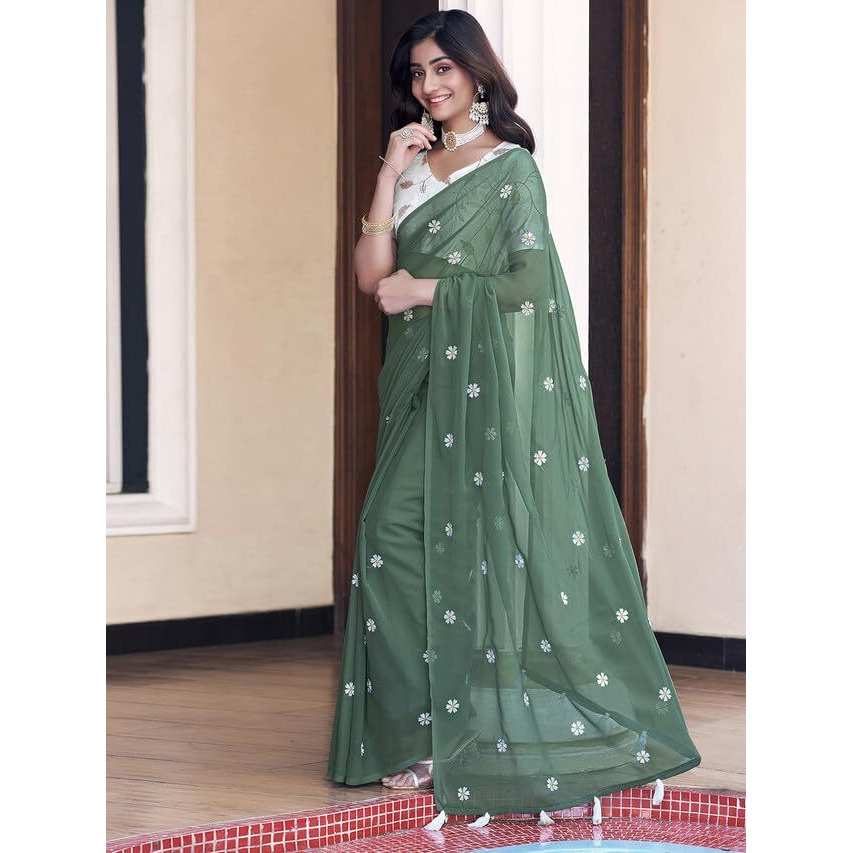 Satrani Women's Georgette Embroidery Saree With Unstitched Blouse Piece (3607S127N_Dusty Green)