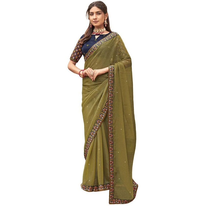 Satrani Women's Simmer Chiffon Hot Fixing & Lace Work Saree With Unstitched Blouse Piece (3404S325N_Light Olive Green)