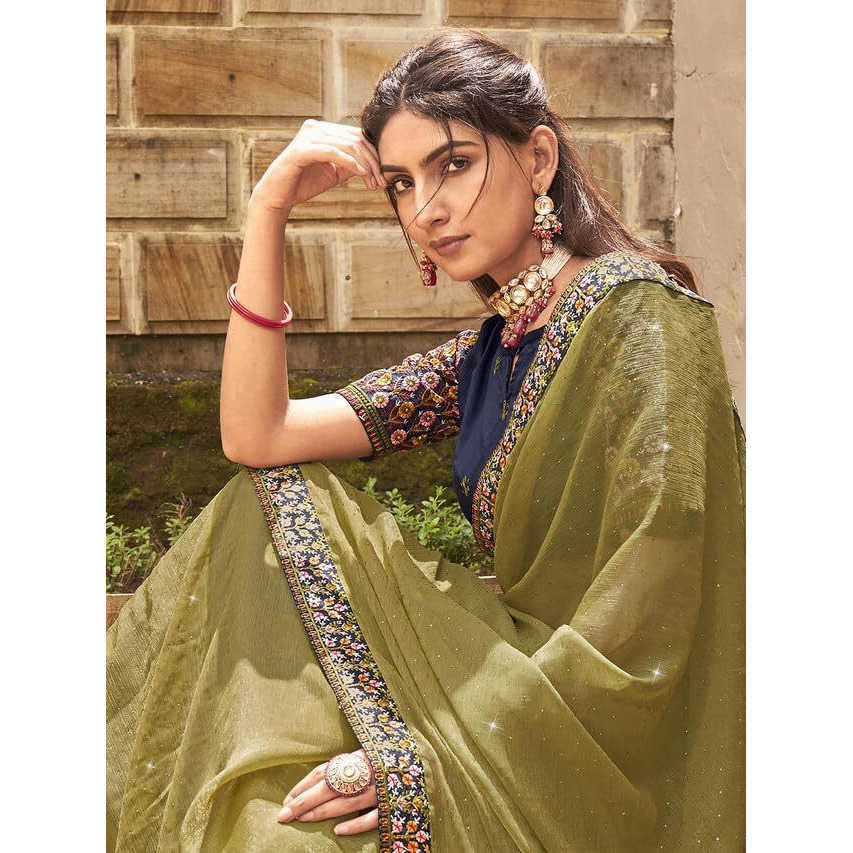 Satrani Women's Simmer Chiffon Hot Fixing & Lace Work Saree With Unstitched Blouse Piece (3404S325N_Light Olive Green)