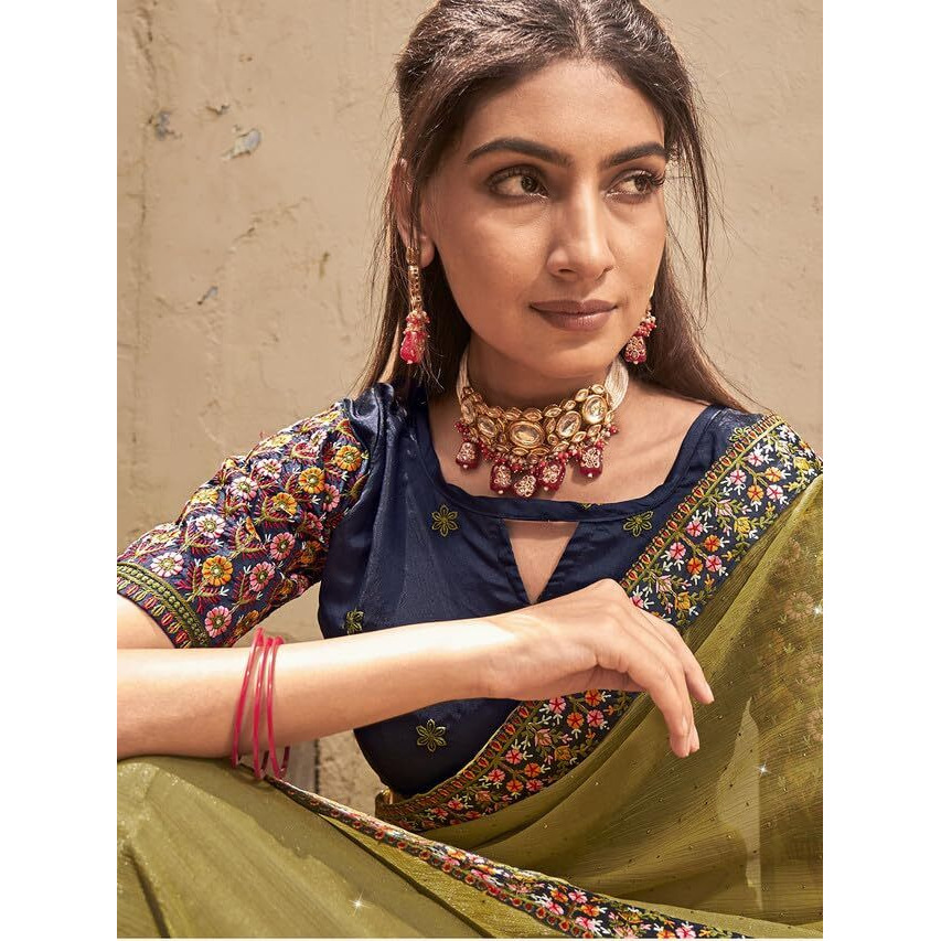 Satrani Women's Simmer Chiffon Hot Fixing & Lace Work Saree With Unstitched Blouse Piece (3404S325N_Light Olive Green)