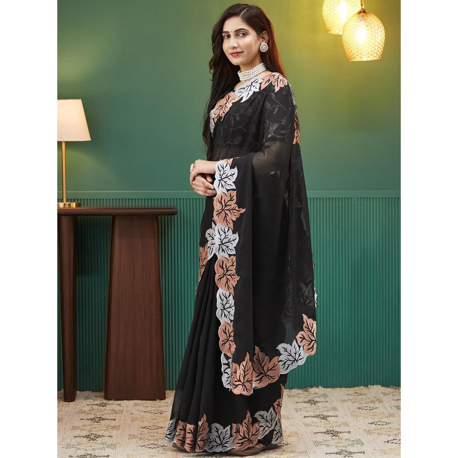 Satrani Women's Georgette Sequence Embrodery Border & Scollped Border Saree With Unstitched Blouse Piece (4215S385N_Black)
