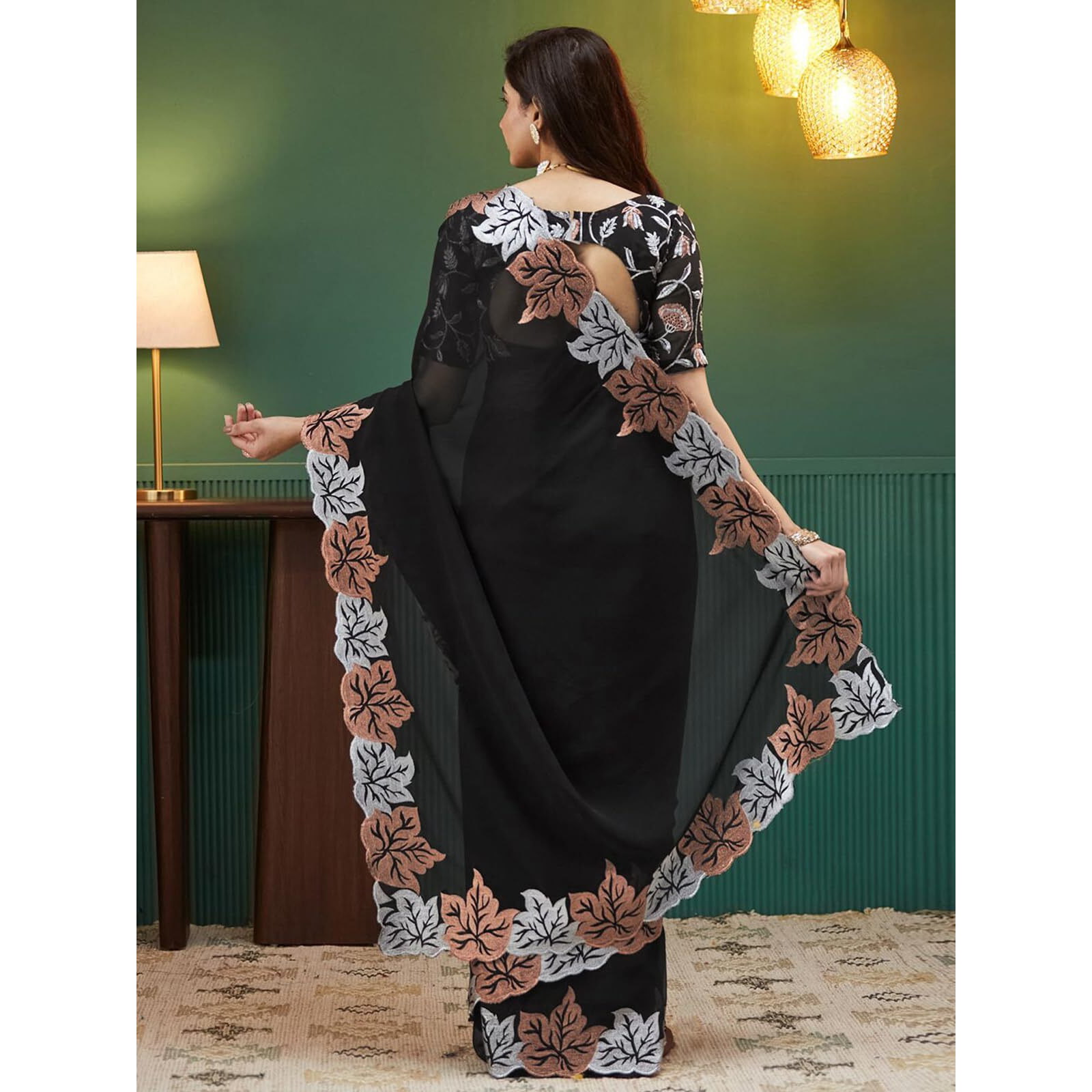 Satrani Women's Georgette Sequence Embrodery Border & Scollped Border Saree With Unstitched Blouse Piece (4215S385N_Black)