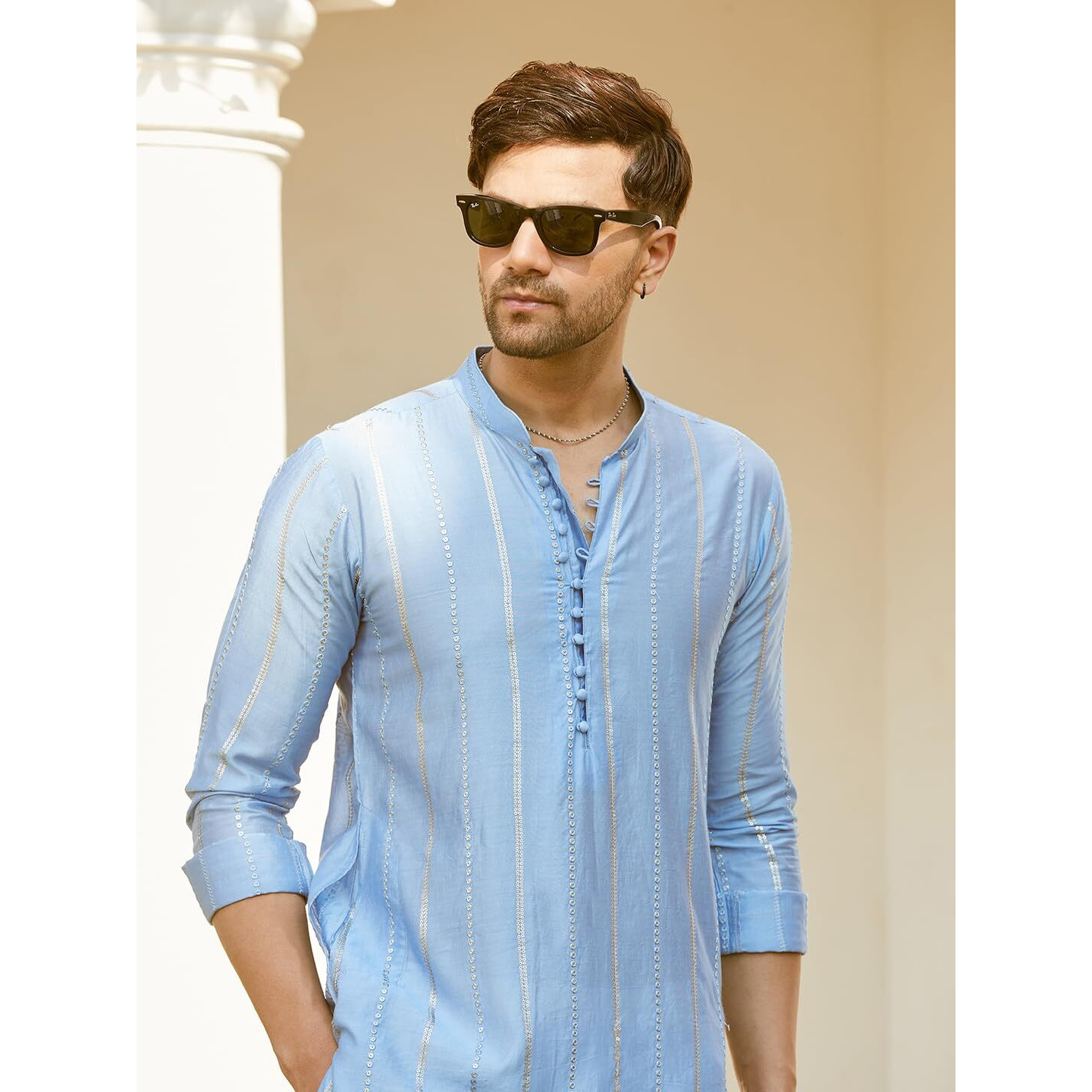 See Designs Men Full Sleeve Turquoise Blue Chanderi Silk Sequins Mandarin Collar Side Slit Kurta With Pyjama - Sdmkt144401Xs
