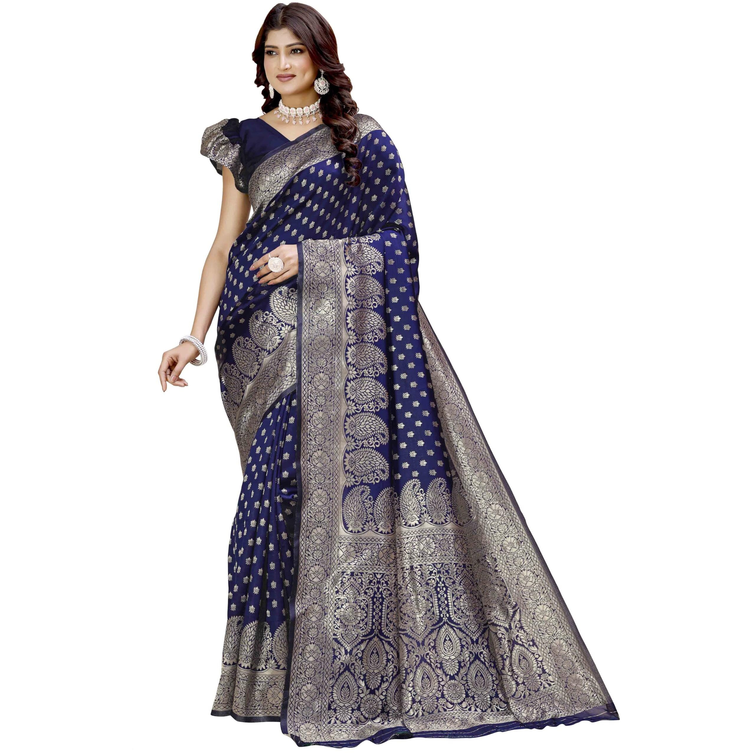 Shasmi Women's Banarasi Saree Pure Kanjivaram Silk Saree Soft New Ladies 2025 Design Wear Pattu Sarees Latest Party Sari Collections With Blouse Piece For Wedding Sadi (Pari-215 Navy Blue)