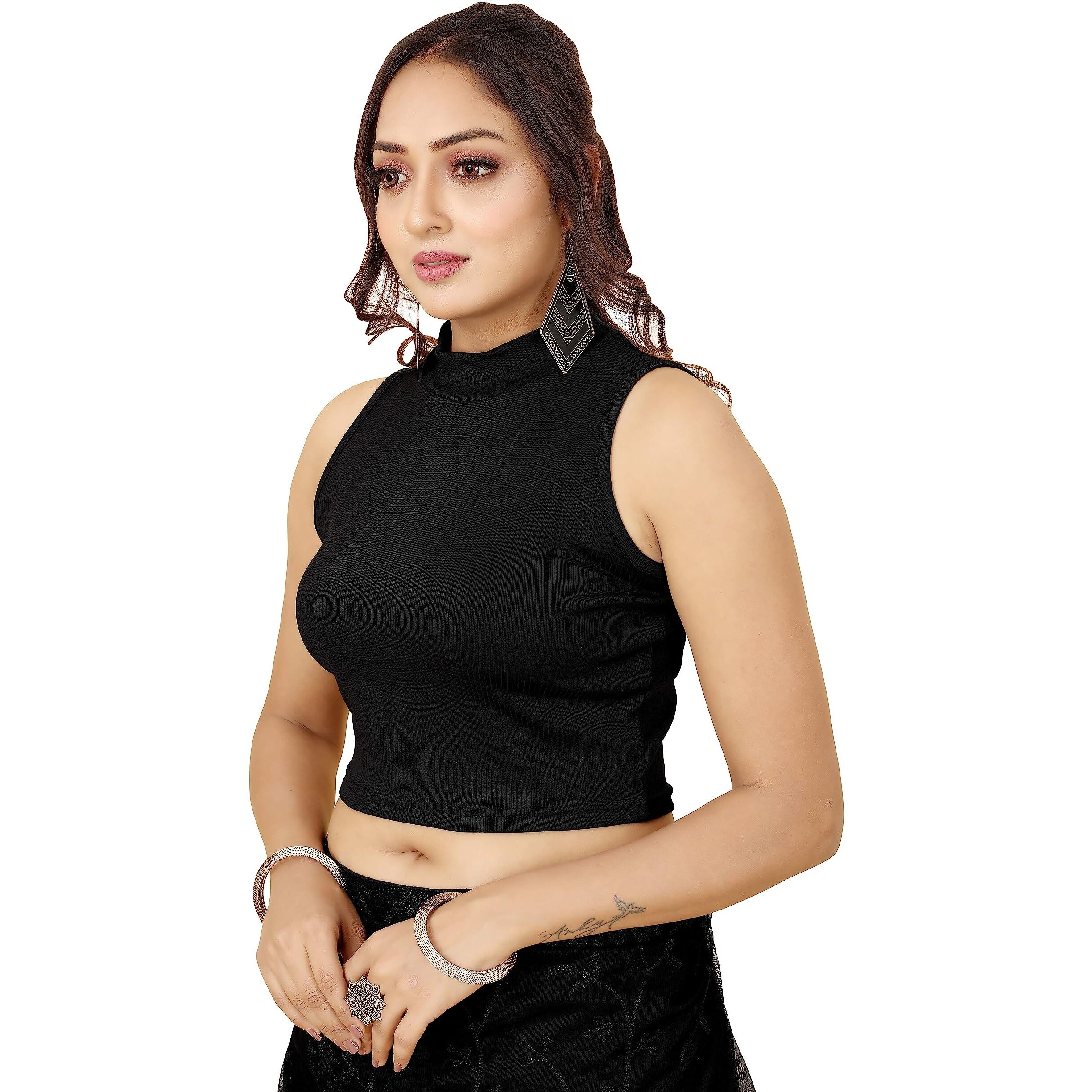 Shasmi Women's & Girls' Solid Ribbed Round Neck Collarless Sleeveless Slim Fit Simplicity Blouse For Women (Blouse 37 Black Xl)