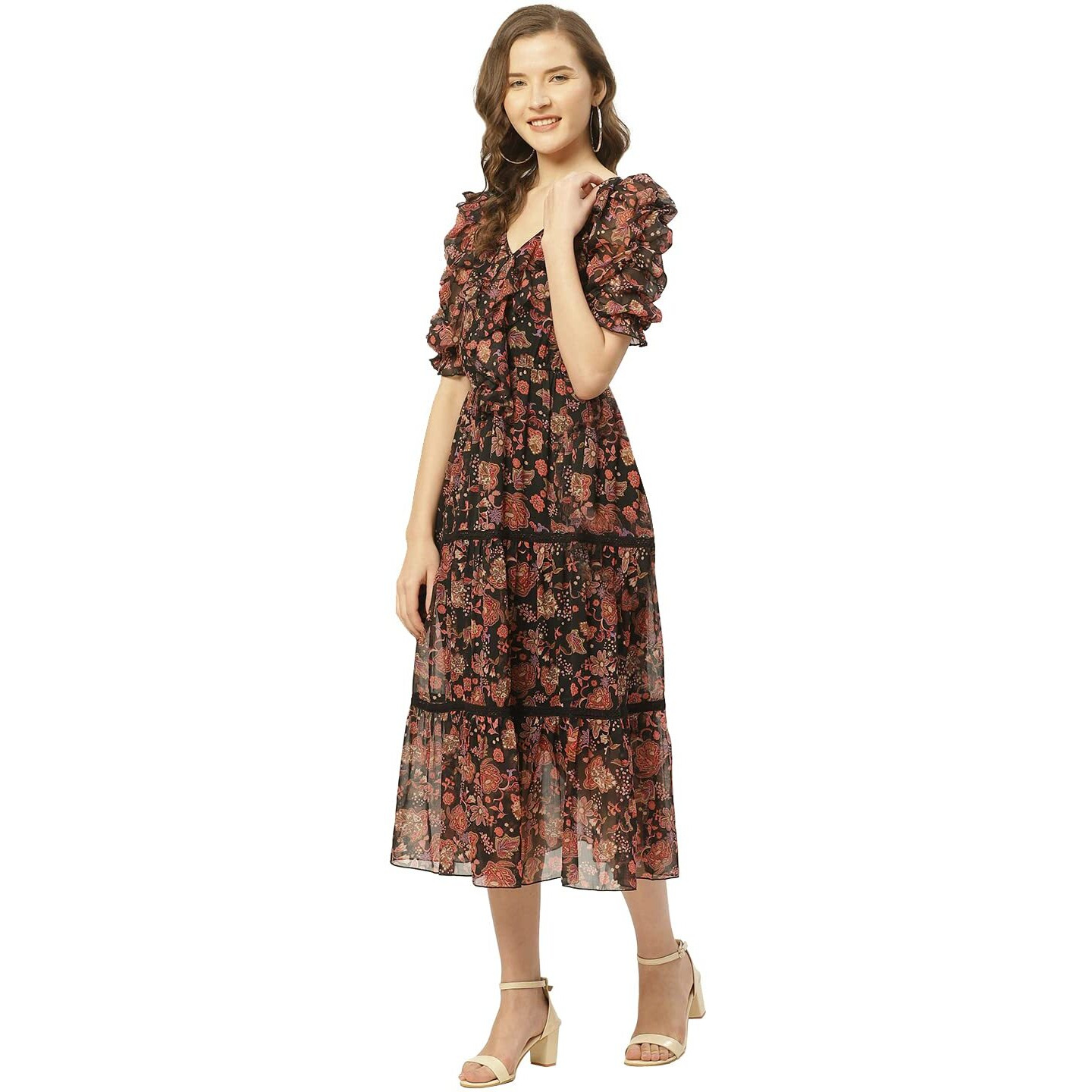 Shasmi Women's Black & Rust Orange Floral Print Tiered Midi Fit & Flare Dress With Ruffles (Dress 38) (Xx-Large, Black)