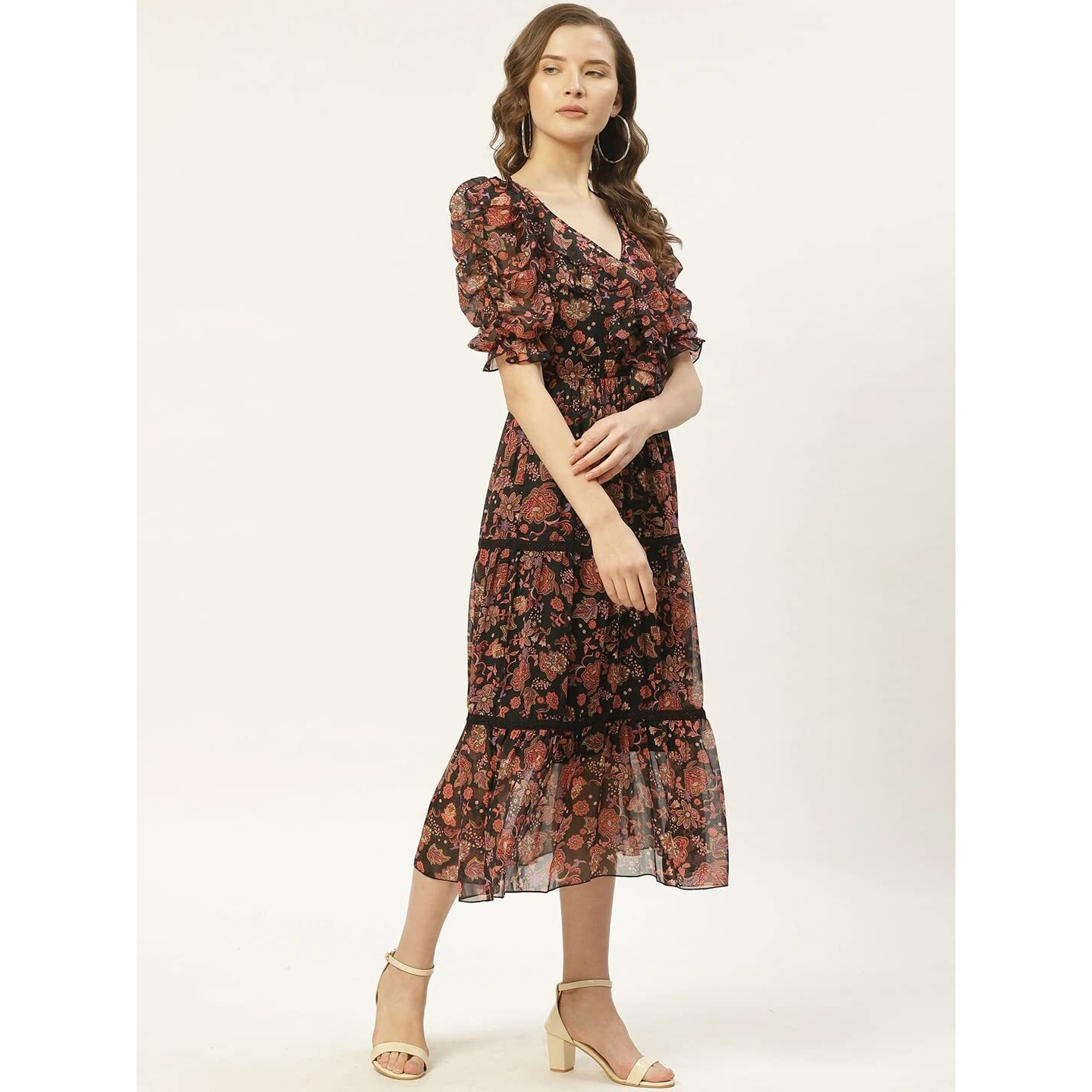 Shasmi Women's Black & Rust Orange Floral Print Tiered Midi Fit & Flare Dress With Ruffles (Dress 38) (Xx-Large, Black)