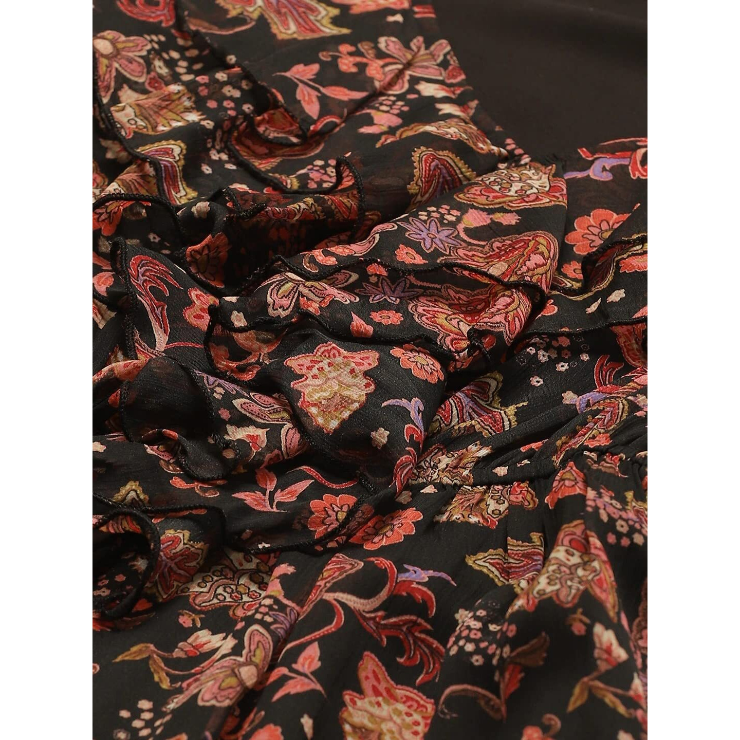 Shasmi Women's Black & Rust Orange Floral Print Tiered Midi Fit & Flare Dress With Ruffles (Dress 38) (Xx-Large, Black)