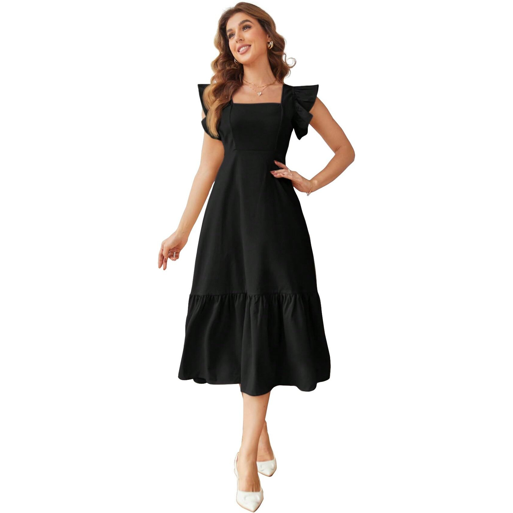 Shasmi Girl's & Women's Solid Black Color Square Neck, Ruffle-Trimmed Hem Sleeveless, Ruffle Armhole And Casual Dress With Cinched Waist Vacation Outfits Woman (Dress 162 Black-L)