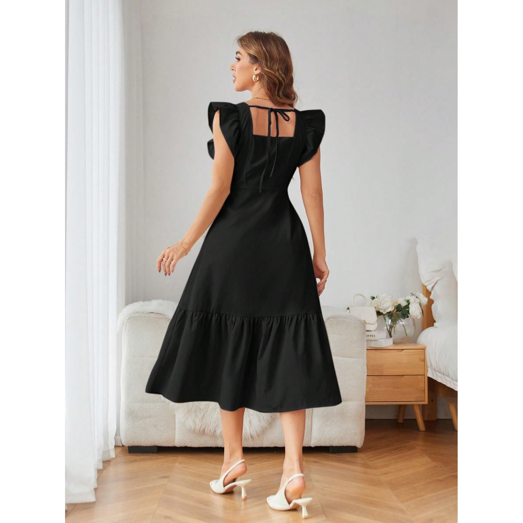 Shasmi Girl's & Women's Solid Black Color Square Neck, Ruffle-Trimmed Hem Sleeveless, Ruffle Armhole And Casual Dress With Cinched Waist Vacation Outfits Woman (Dress 162 Black-L)