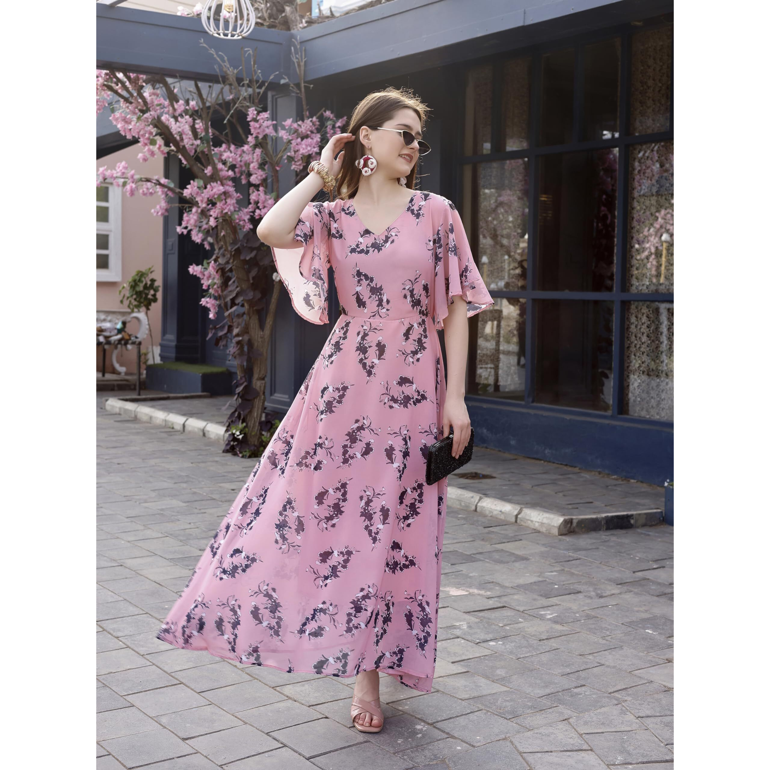 Smowkly Women's Georgette Floral Printed Indo-Western Ethnic Gown || Half Sleeve V Neck Fit & Flare Flared Hem Design || Casual Wear A-Line Maxi Dress (1330_Pch_M) Peach