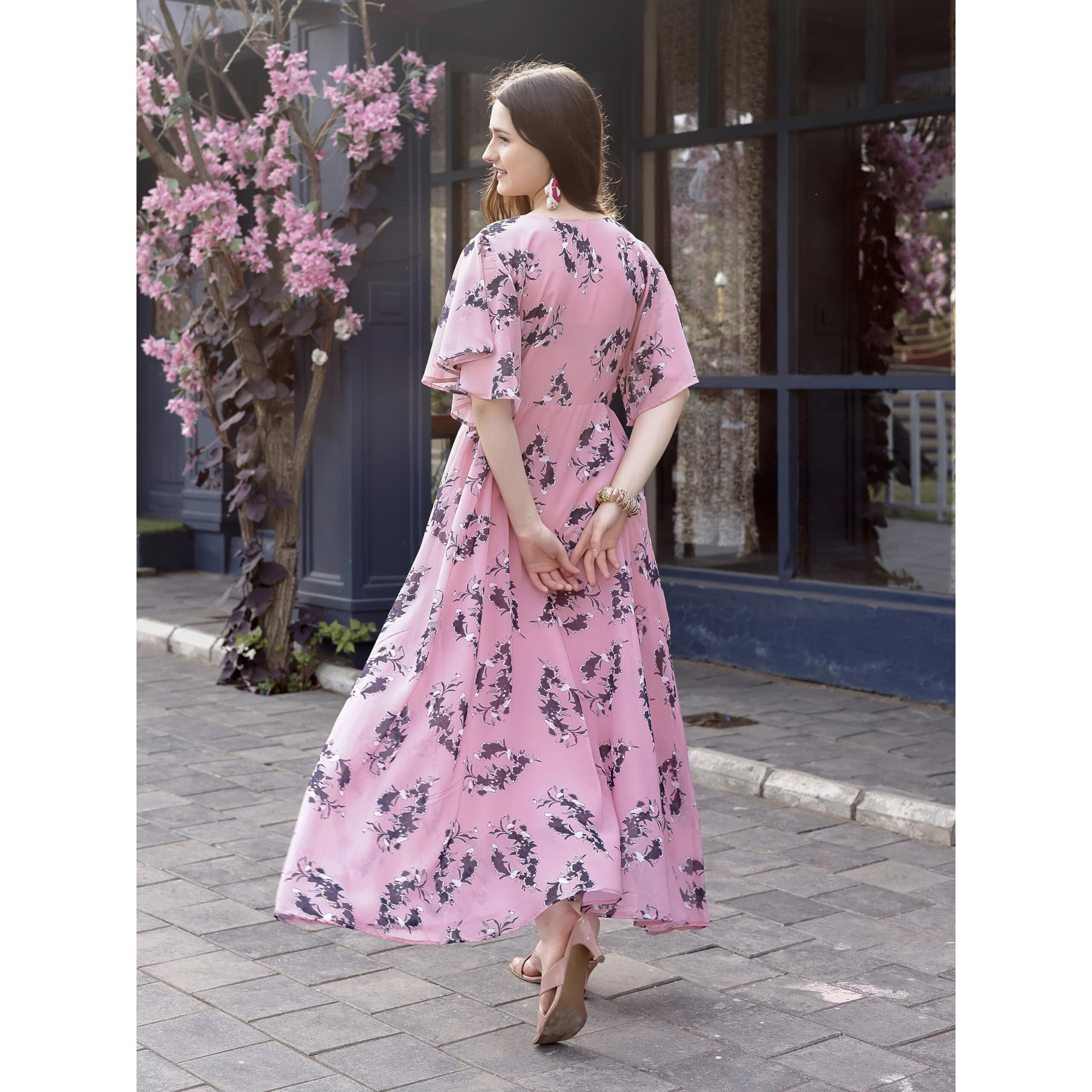 Smowkly Women's Georgette Floral Printed Indo-Western Ethnic Gown || Half Sleeve V Neck Fit & Flare Flared Hem Design || Casual Wear A-Line Maxi Dress (1330_Pch_M) Peach