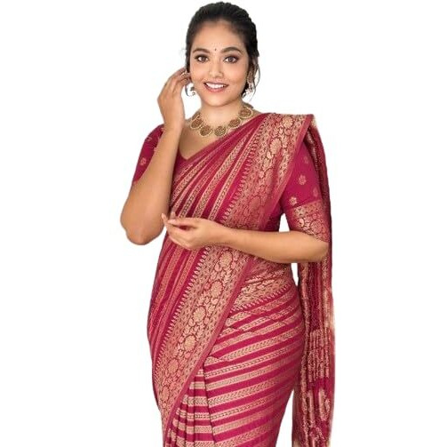 Flosive Women's Dark Pink & Golden Kanjivaram Wedding Saree With Blouse Piece