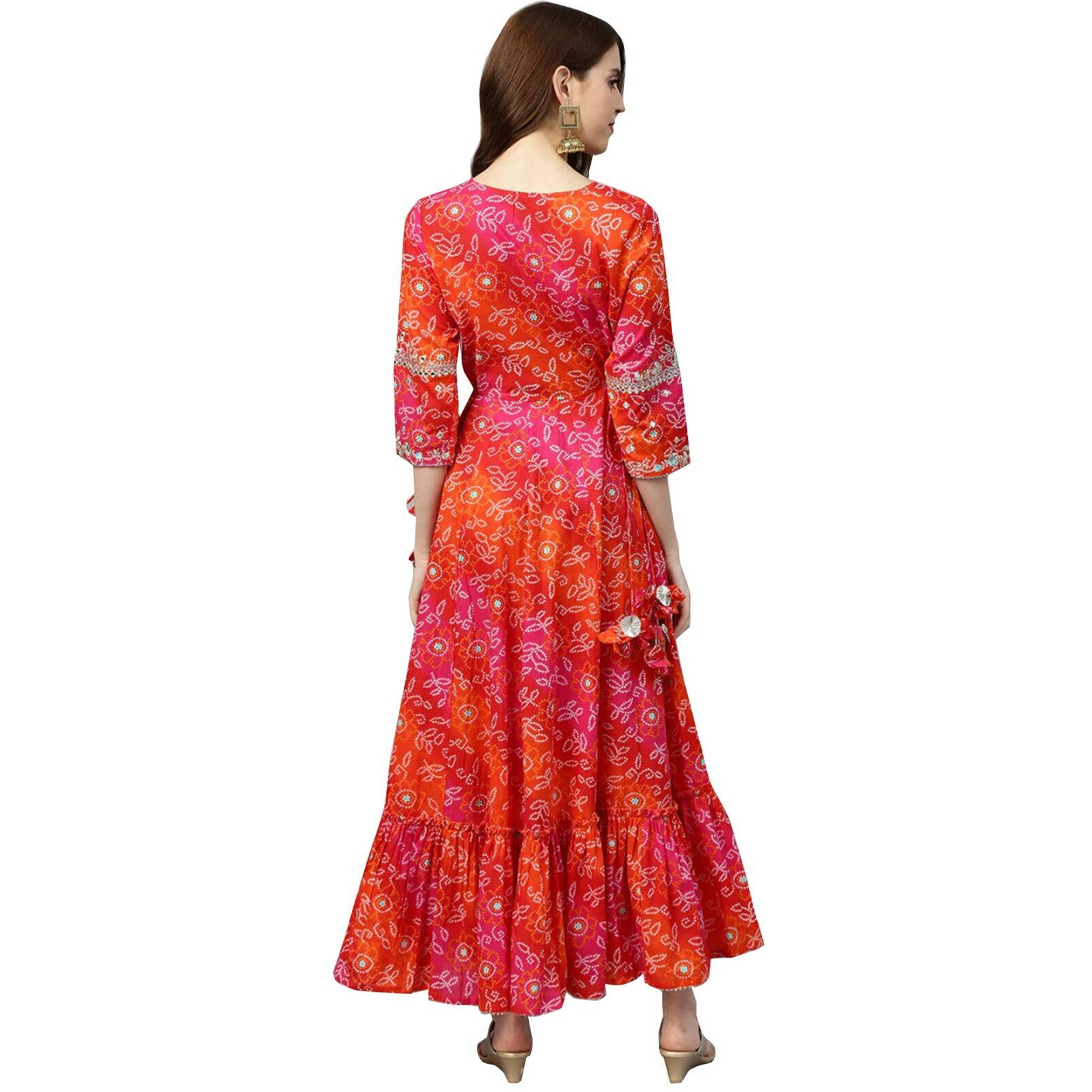 Ishin Women's Viscose Rayon Anarkali Embellished Kurta Kpram-6072_L_Red & Orange