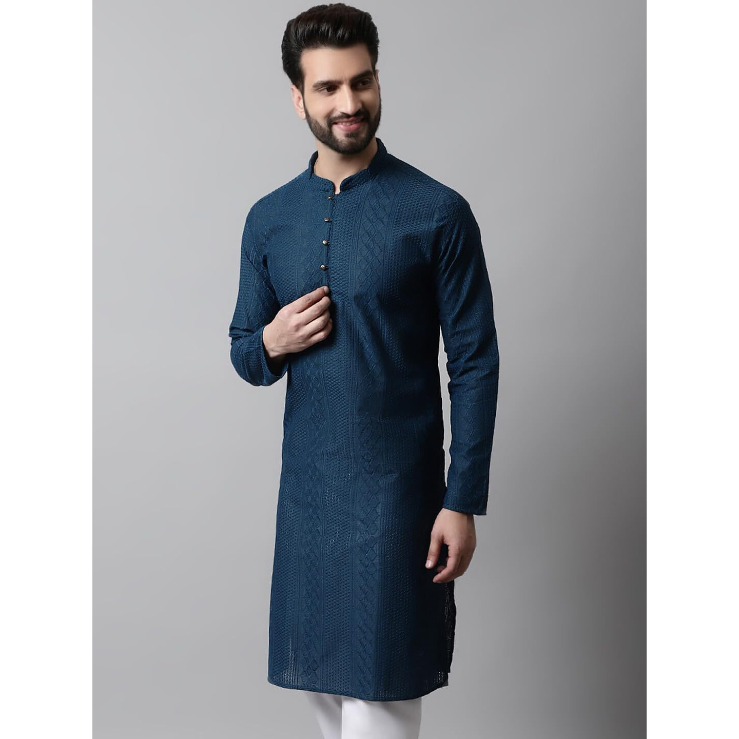 Jompers Men's Embroiderd Kurtas (Teal, L)