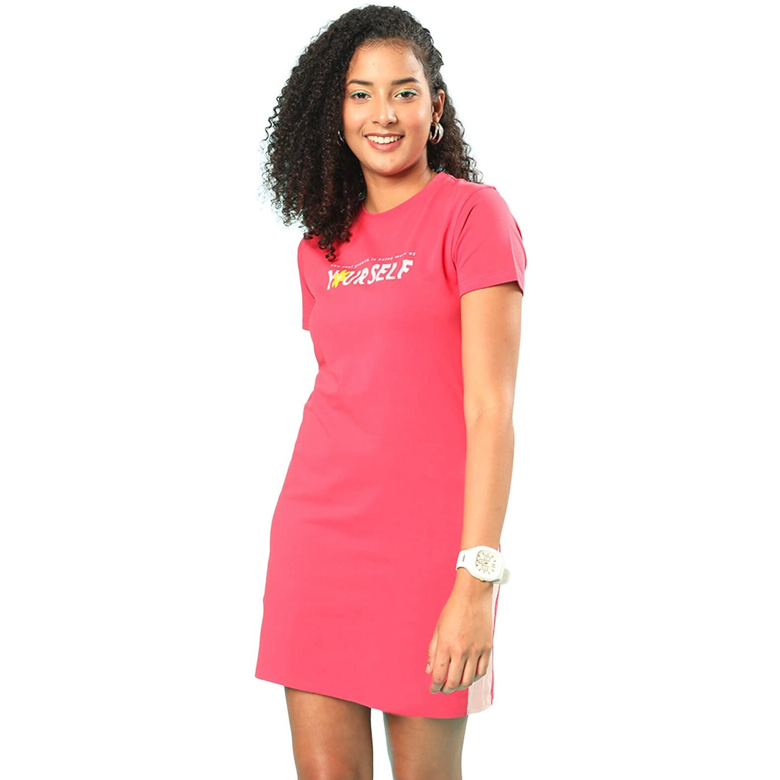 Juneberry Women Crew-Neck Typographic Print T-Shirt Viva Magenta Dress With Front Slit And Contrast Tape (Xxl)