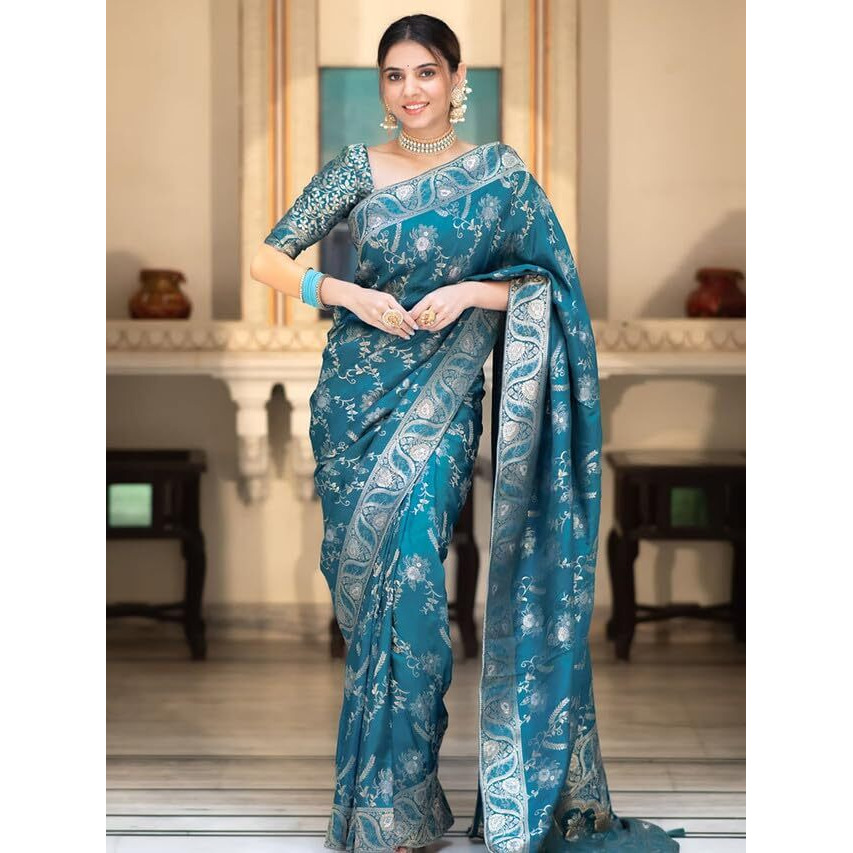 Satrani Women's Art Silk Jacquard Saree With Unstitched Blouse Piece (3584S359N_Blue)