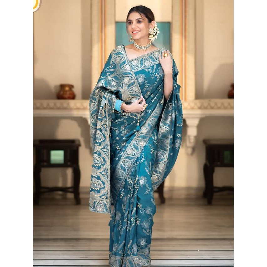 Satrani Women's Art Silk Jacquard Saree With Unstitched Blouse Piece (3584S359N_Blue)
