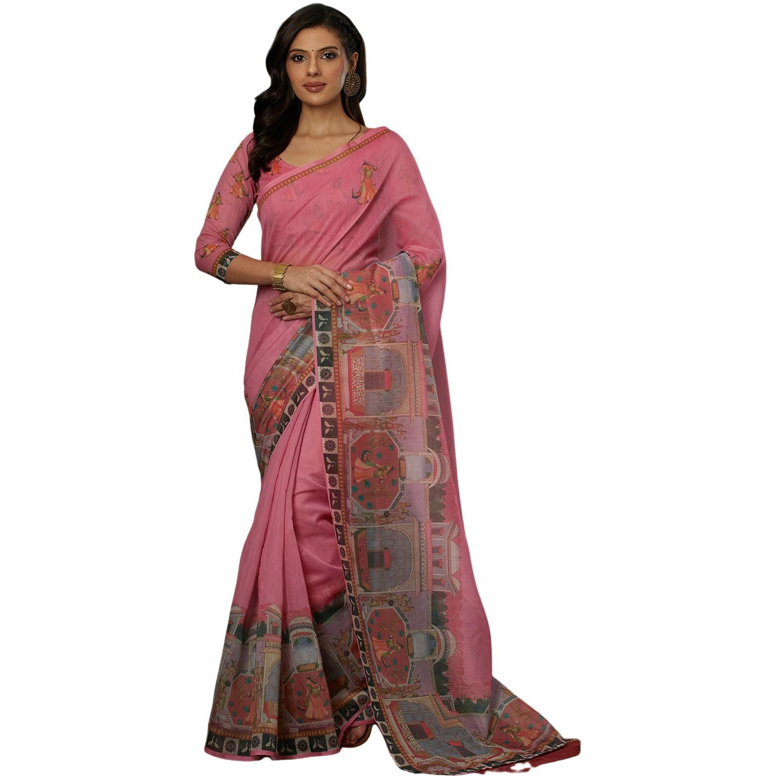 Satrani Women's Cotton Blend Printed Saree With Unstitched Blouse Piece (4112S6508N_Pink)