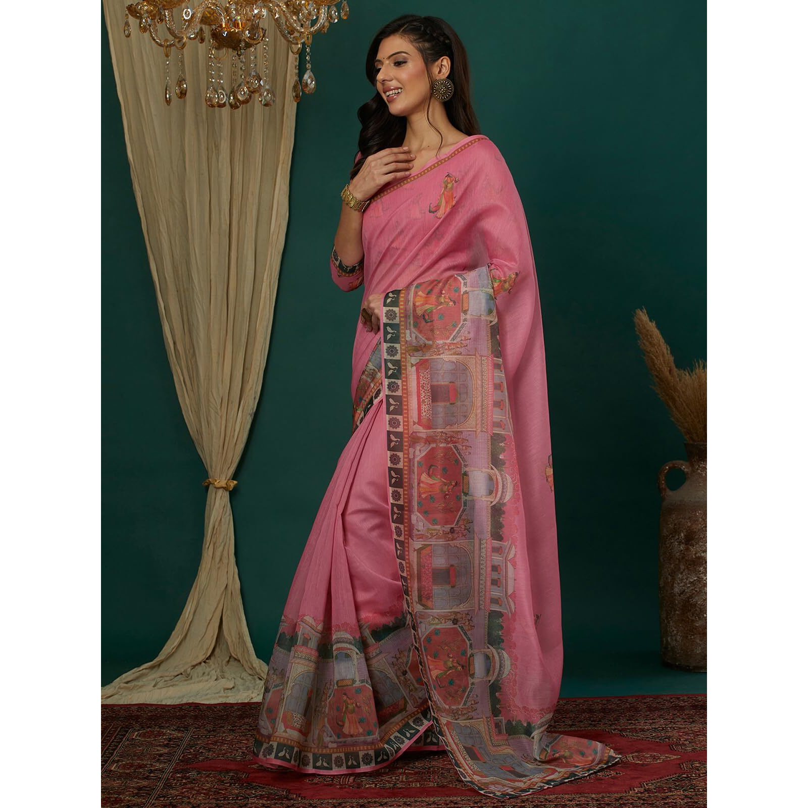 Satrani Women's Cotton Blend Printed Saree With Unstitched Blouse Piece (4112S6508N_Pink)